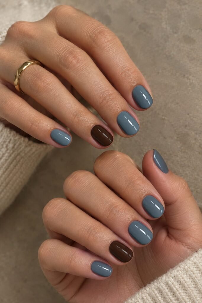 Short September nails combining dusty blue and espresso brown polish