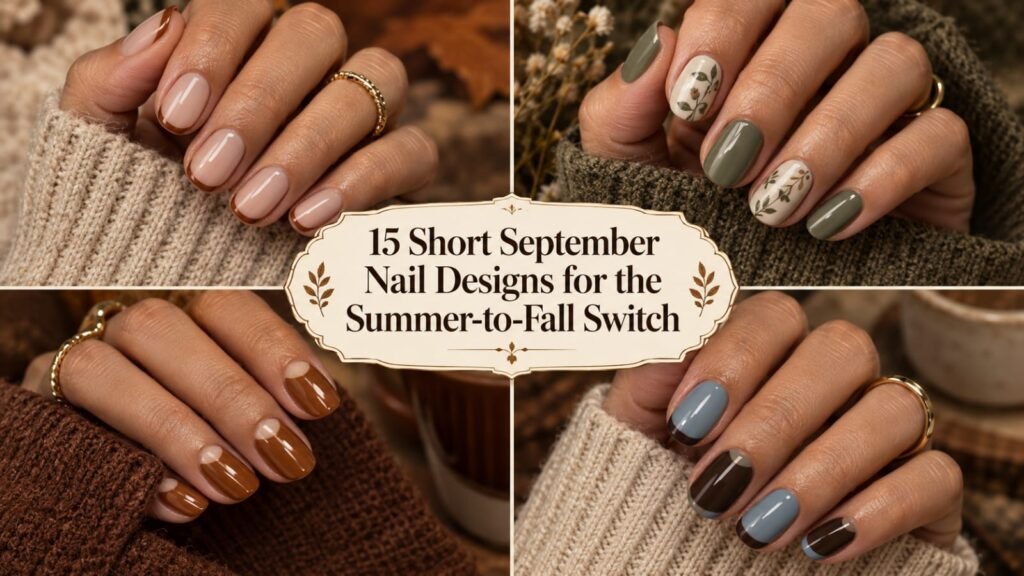 Short September nail designs in neutral, warm, muted colors for the summer-to-fall transition