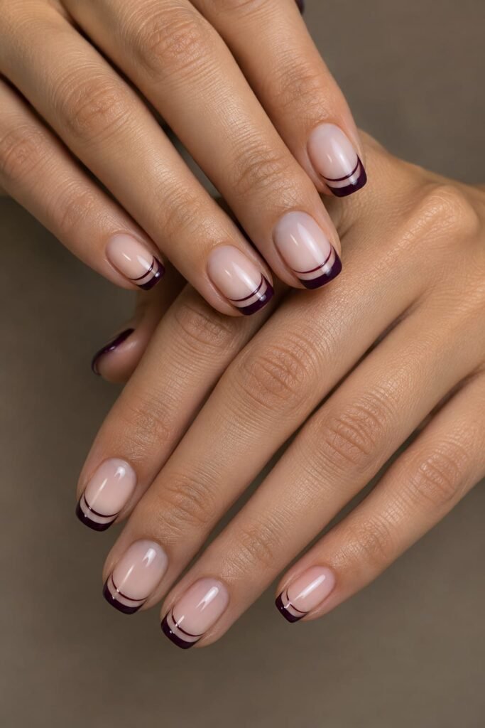Short September nails with deep plum negative-space French tips