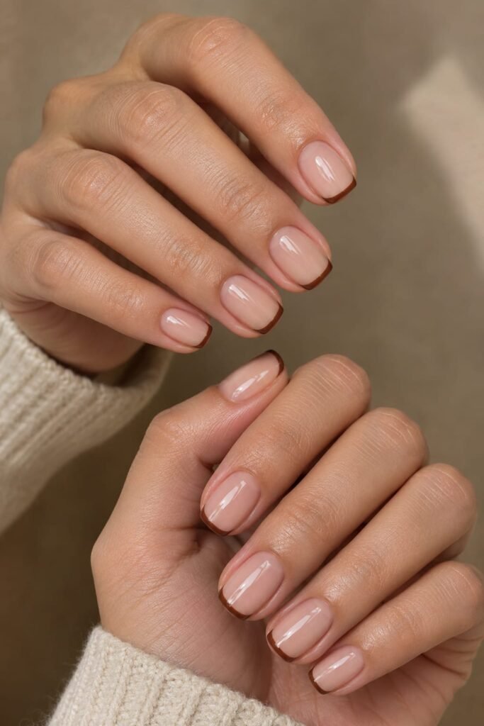 Short September nails with sheer nude bases and cinnamon-brown micro French tips
