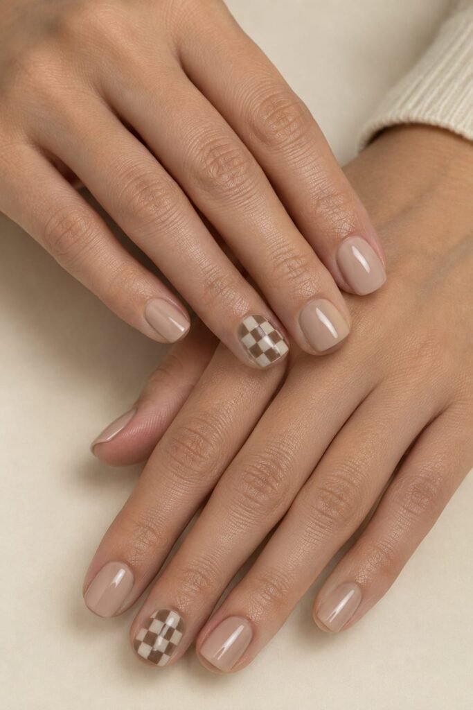 Short September nails with miniature mocha and beige checkerboard accents