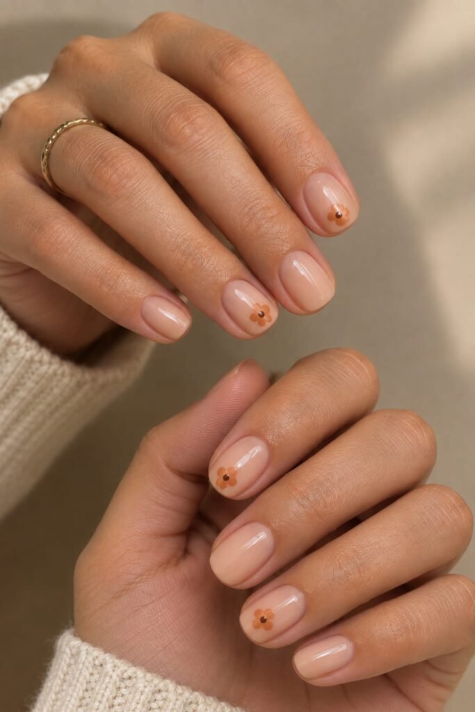 Short September nails with peachy nude polish and tiny terracotta daisies