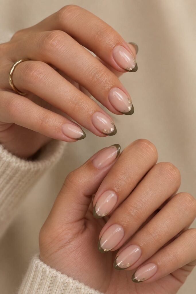 Short almond September nails with olive French tips and subtle gold foil