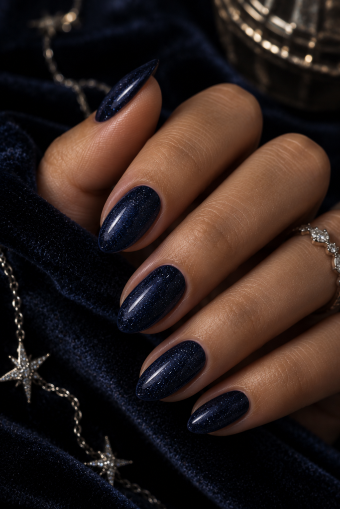 Short almond nails painted midnight navy with delicate silver stardust shimmer.