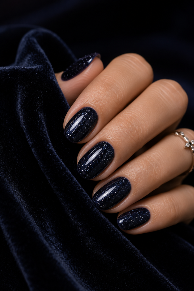 Short almond nails painted midnight navy with delicate silver stardust shimmer.