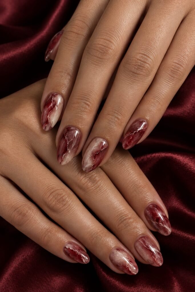 Short almond ruby marble nails