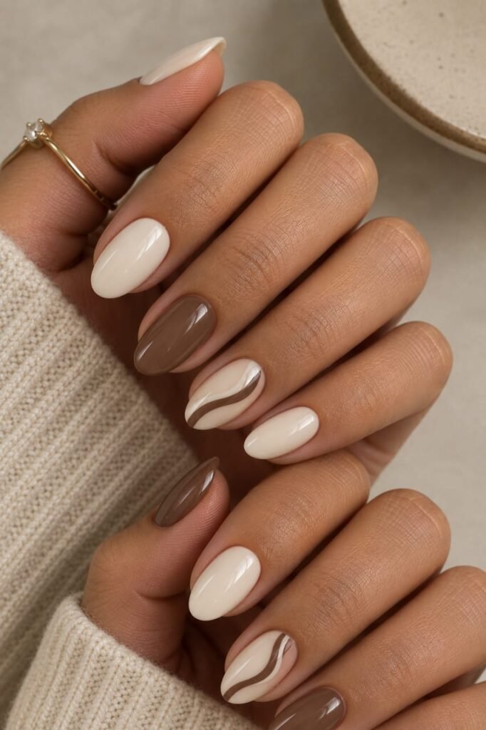 Short almond vanilla and mocha nails with glossy curved swirls
