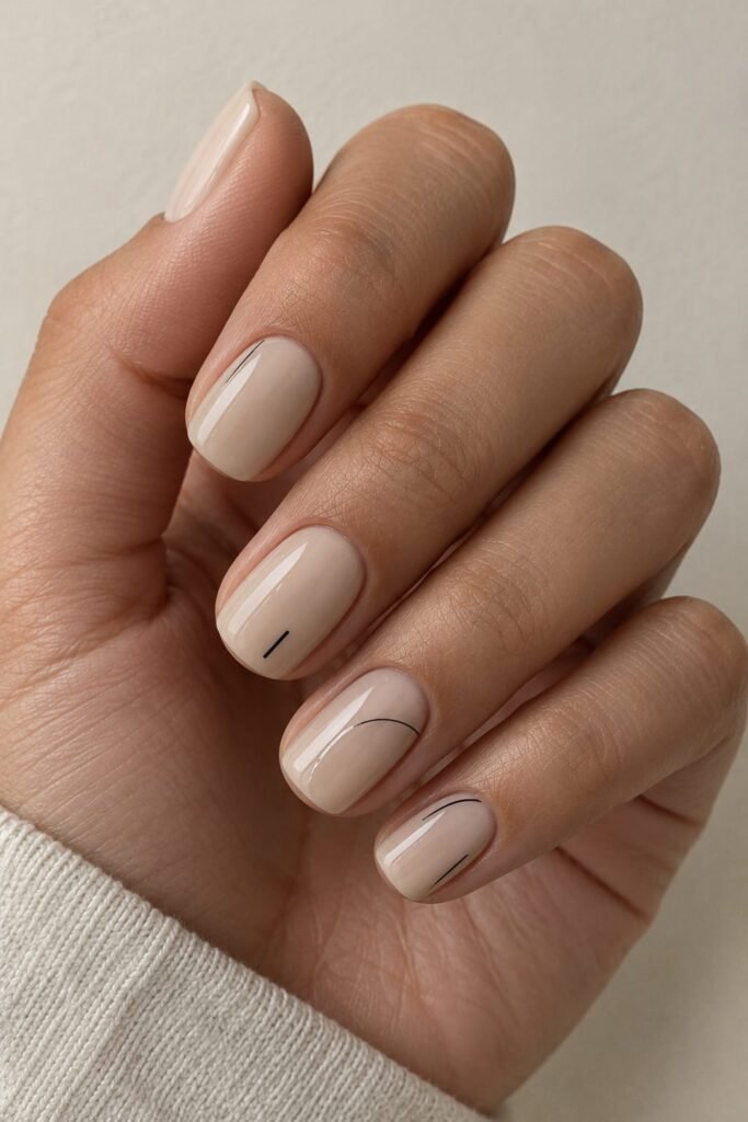 Short beige squoval nails with minimalist black line art