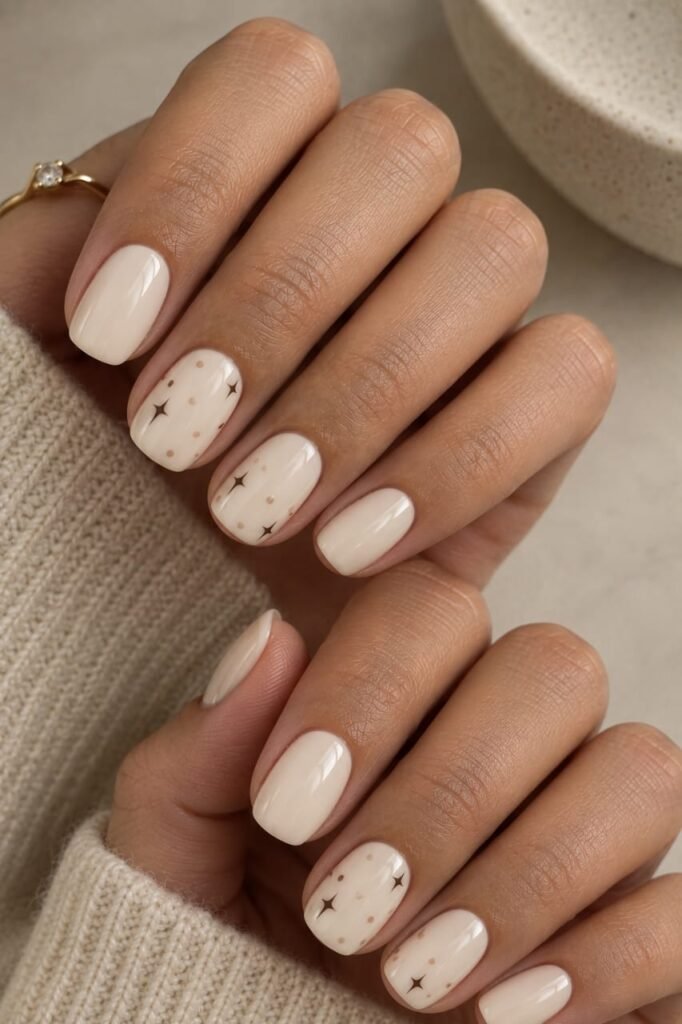 Short creamy vanilla nails with tiny brown stars and polka dots