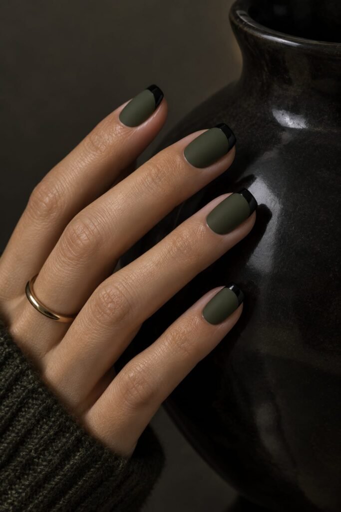 Short matte dark olive nails contrasted with sleek glossy black French tips.