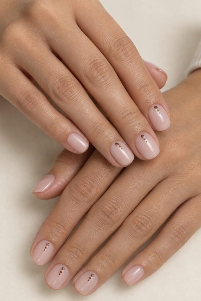 Short milky pink September nails with delicate cocoa-brown dot accents