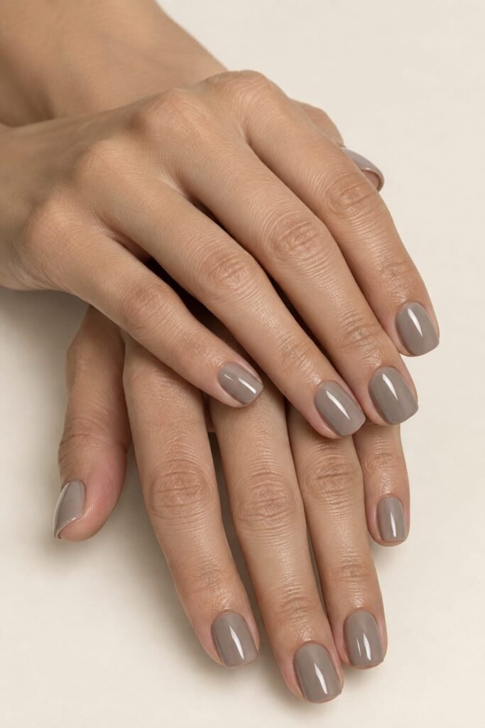 Short mushroom taupe glossy nails for a neutral September manicure