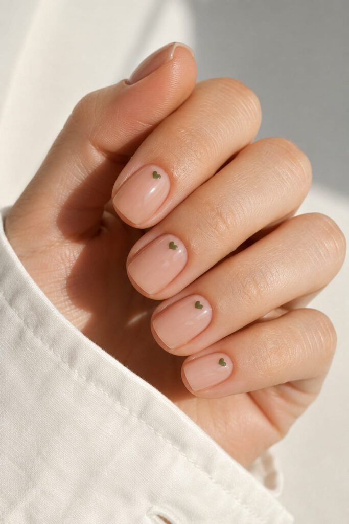 Short nude nails featuring tiny olive green micro hearts.