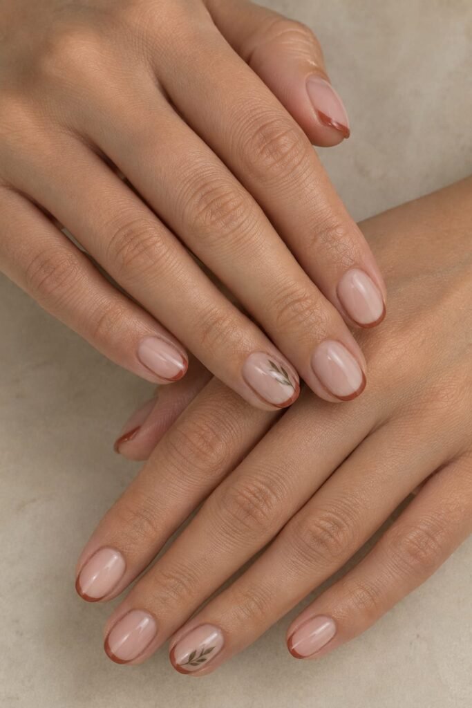 Short oval September nails with rusty French tips and tiny olive leaves