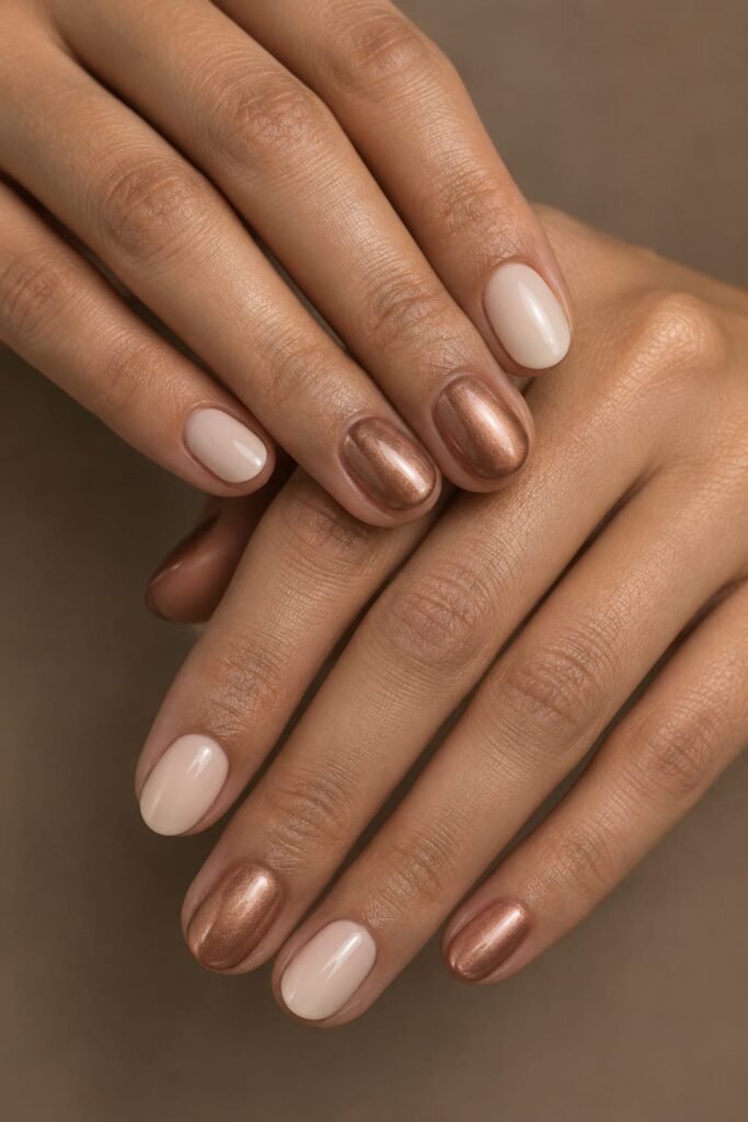 Short oval September nails with beige and soft copper glazed polish