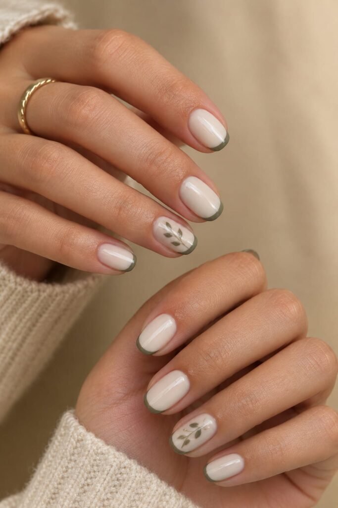 Short oval September nails with sage French tips and delicate botanical nail art