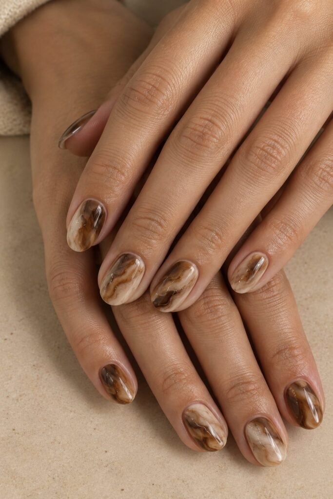 Short oval coffee marble nails with espresso, caramel, and latte swirls