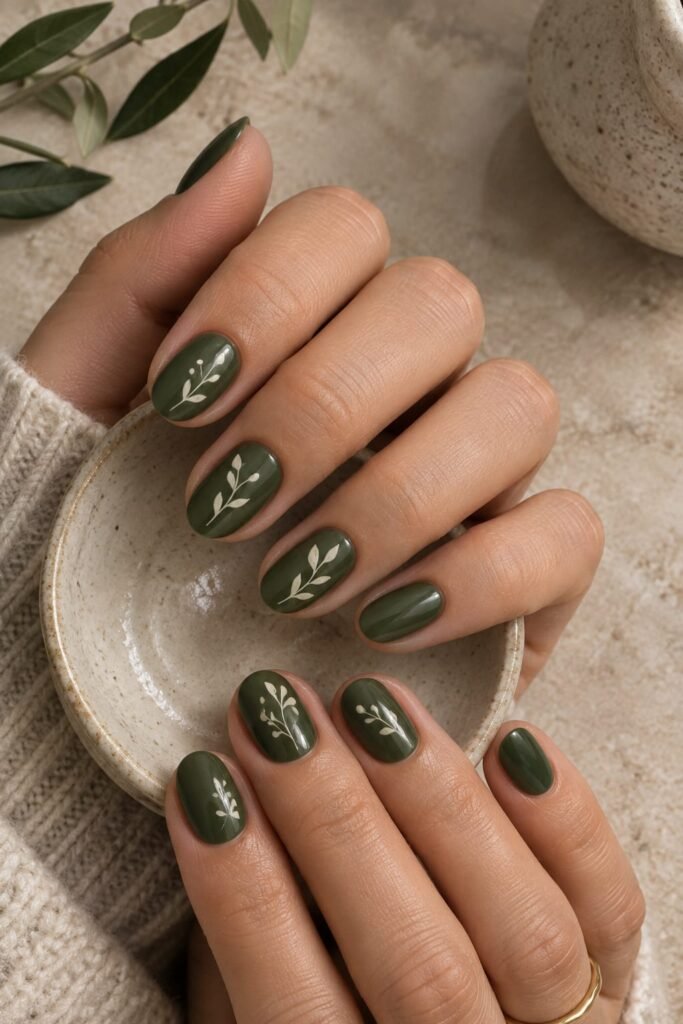 Short oval dark moss green nails decorated with delicate ivory botanical line art.