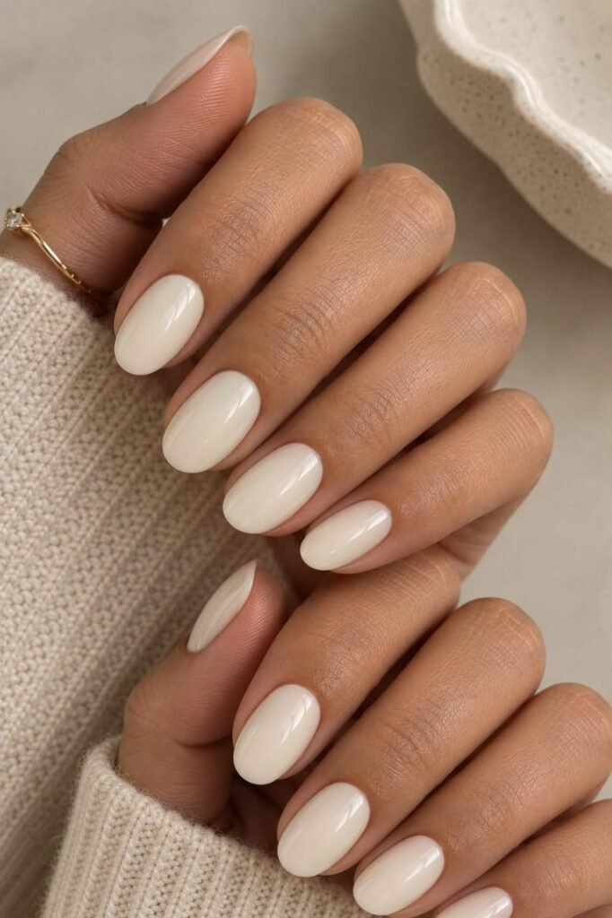 Short oval nails with a glossy full-coverage creamy vanilla polish