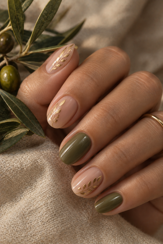 Short oval nude nails with muted olive accents and delicate metallic gold botanical nail art.