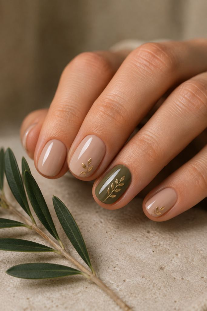 Short oval nude nails with muted olive accents and delicate gold botanical nail art.