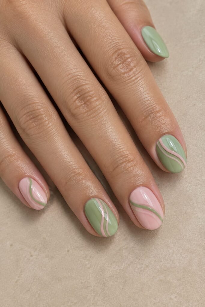 Short oval pink and green nails with minimalist abstract swirls
