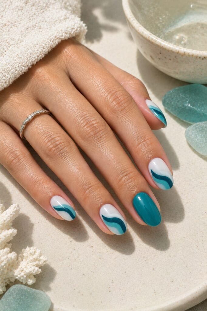 Short oval teal and white nails with layered abstract blue-green wave art.