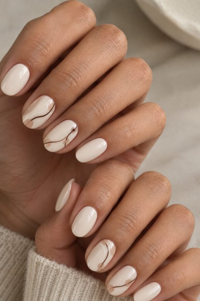 Short oval vanilla nails with delicate espresso line-art accents
