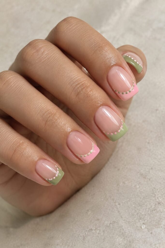 Short pink and green dotted French nails with negative space
