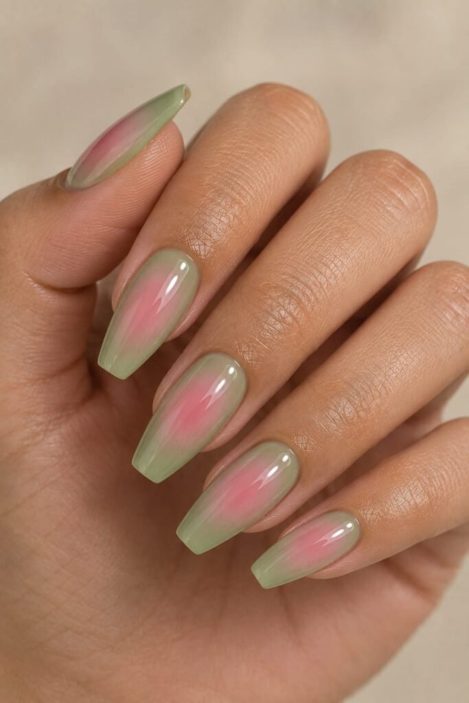 Short pink and green watermelon nail art with tiny seed details