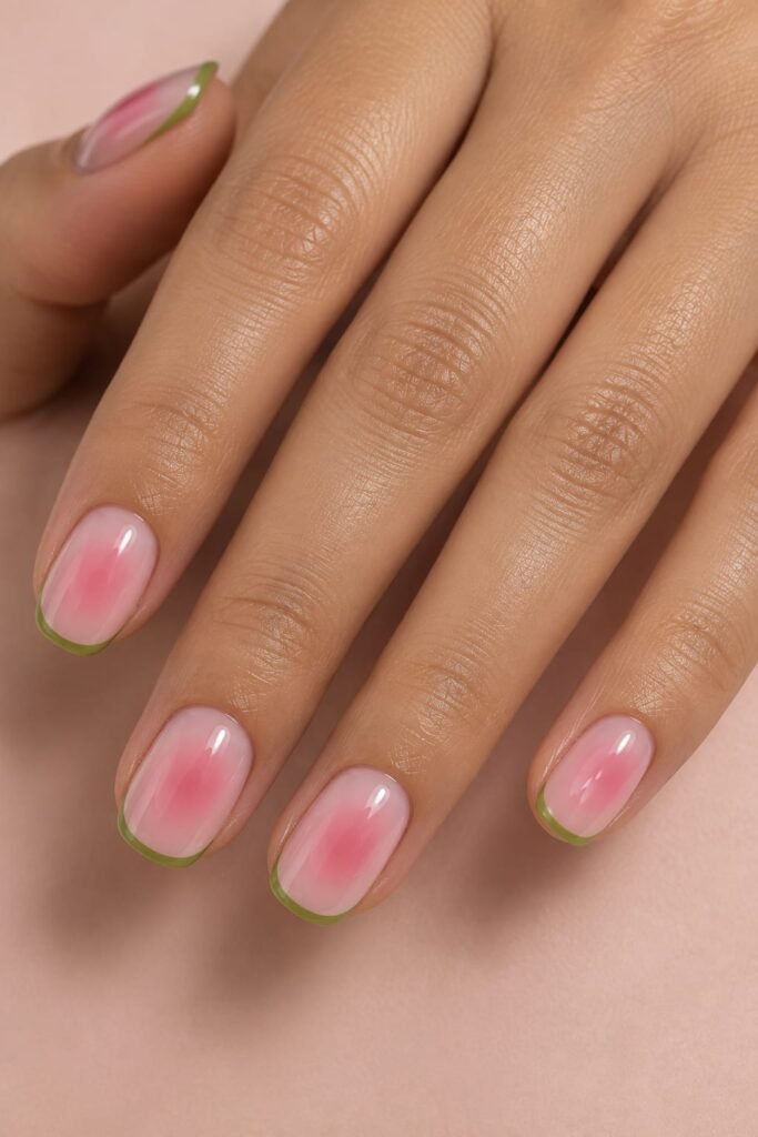 Short pink aura nails with vivid green micro French tips