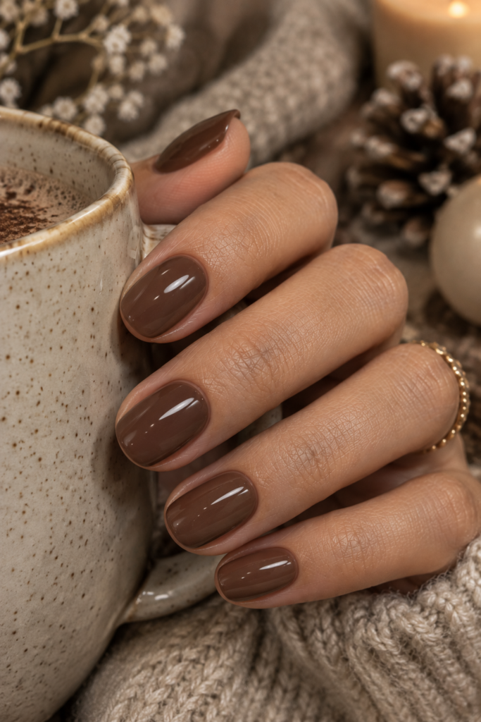 Short round nails painted in warm cocoa brown with a smooth glazed finish.