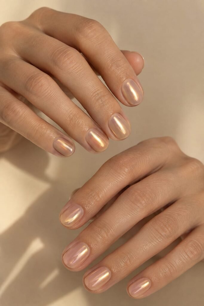 Short rounded September nails with a soft peachy golden chrome finish