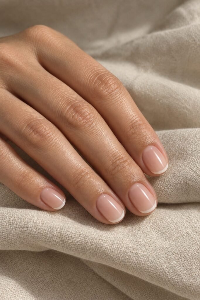 Short rounded foggy French nails with creamy beige and off-white tones