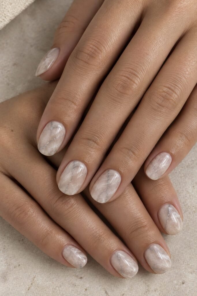  Short rounded milky quartz marble nails with delicate translucent gray veins