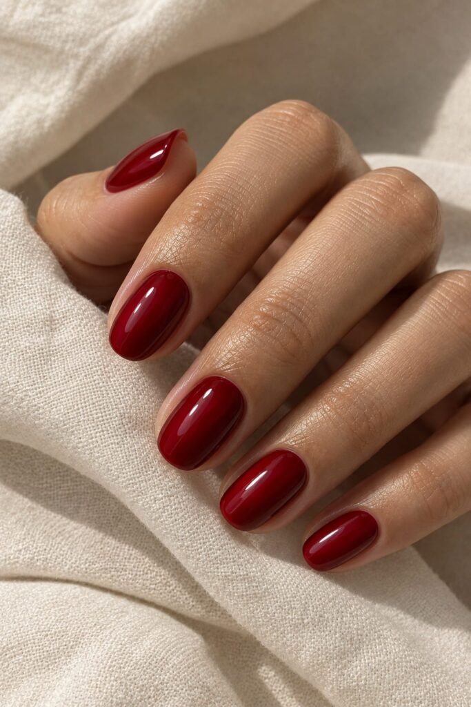 Short rounded nails in a rich glossy cherry red polish