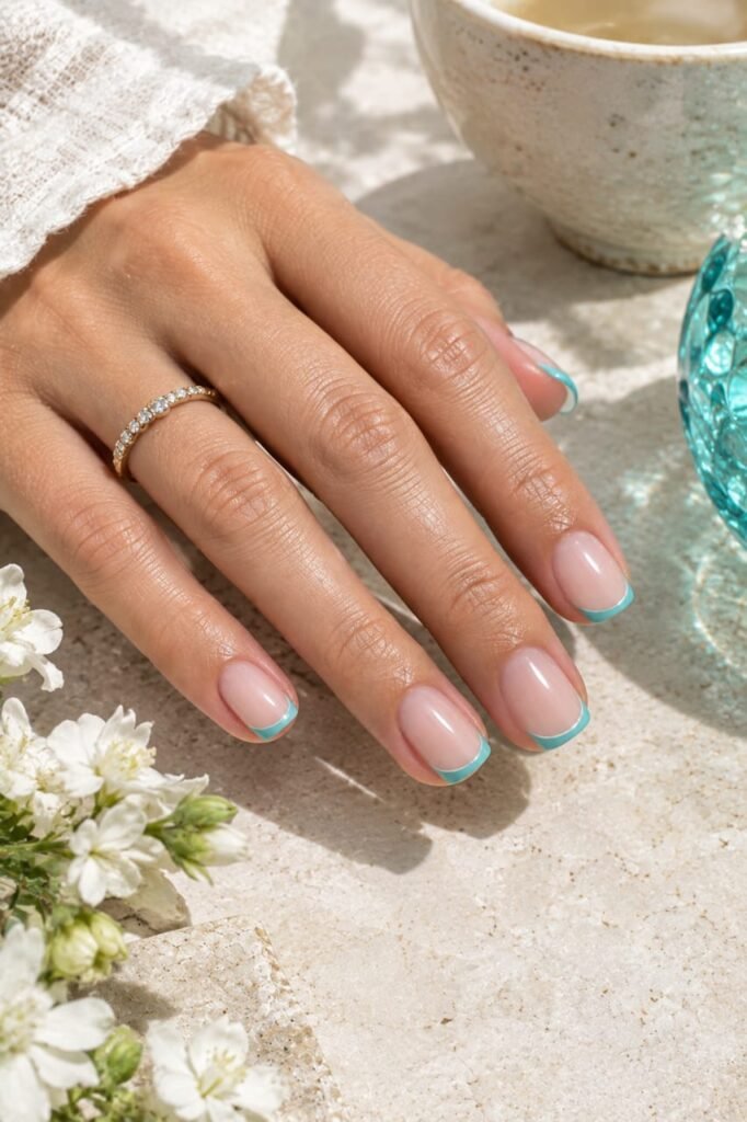 Short rounded-square nails with soft aqua-teal French tips on a sheer nude base.
