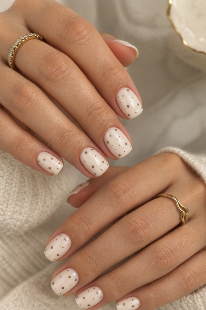 Short rounded-square vanilla nails with minimalist mocha polka dots