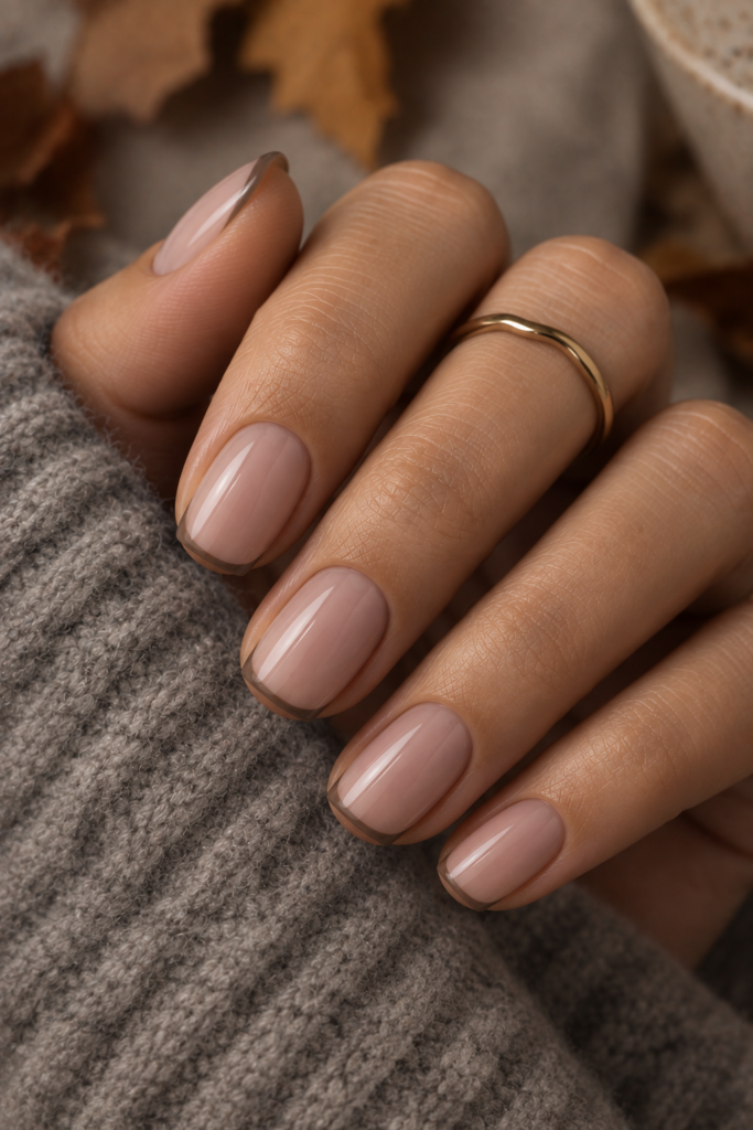 Short square nails with a sheer pink base and thin smoky taupe micro-French tips.