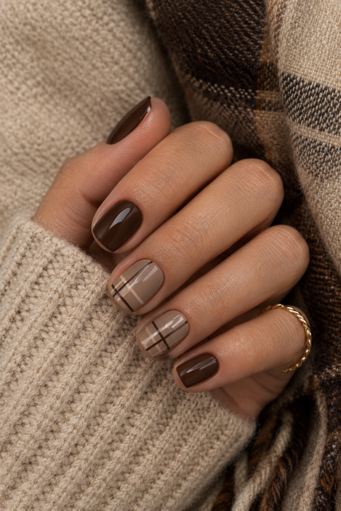 Short square nails with espresso brown polish and beige plaid accent nail art.