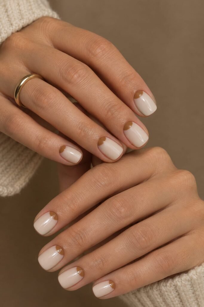 Short squoval September nails with toasted caramel half-moon accents