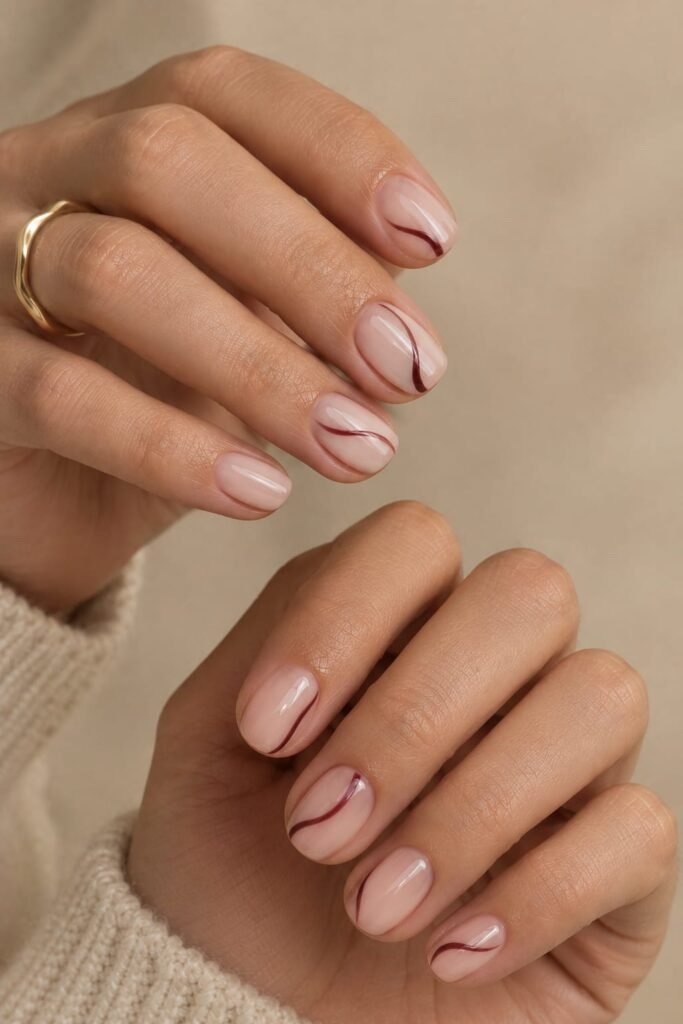 Short squoval September nails with blush nude and burgundy swirl art