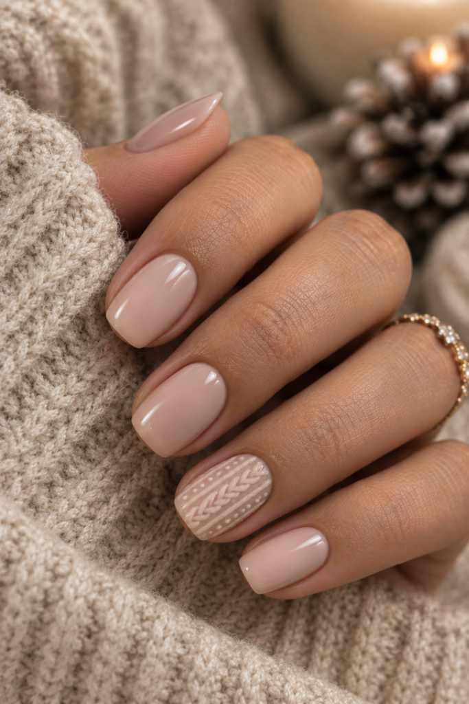 Short squoval creamy nude nails with a subtle textured sweater-inspired accent nail