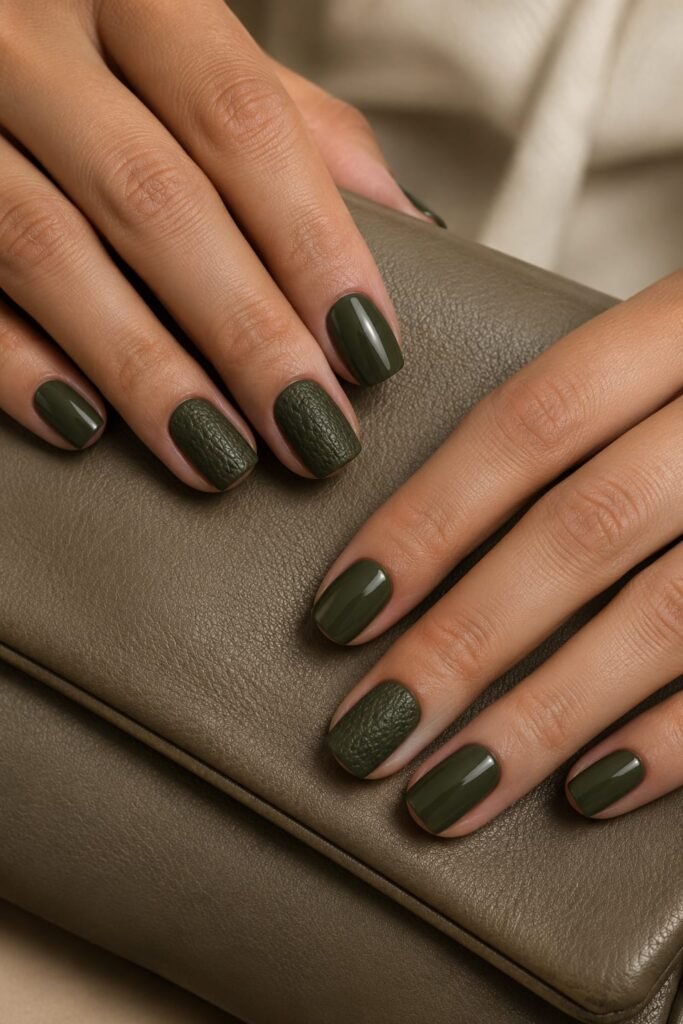 Short squoval dark olive nails featuring subtle leather-inspired texture and glossy accents.