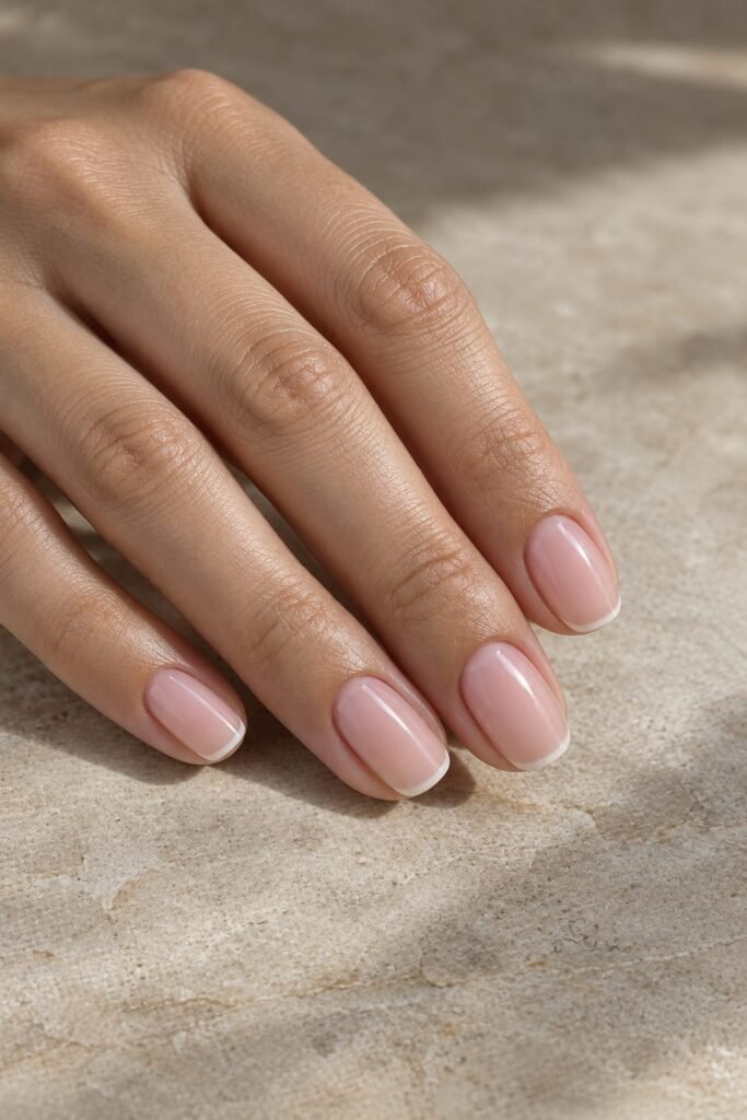 Short squoval foggy French nails with sheer blush base and micro tips