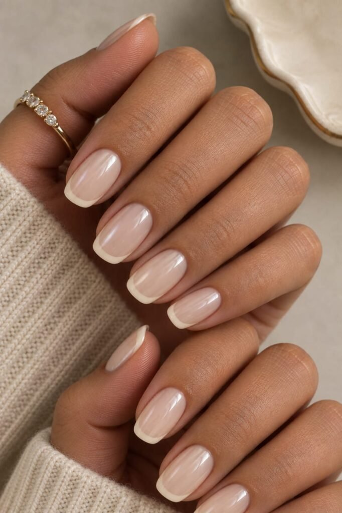 Short squoval glazed vanilla French nails with a pearly finish