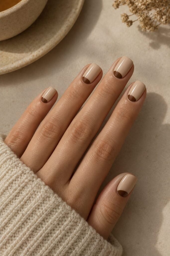 Short squoval maple beige nails with deep caramel brown half-moon details.
