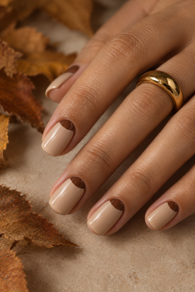 Short squoval nails with creamy maple beige polish and deep caramel half-moon details.