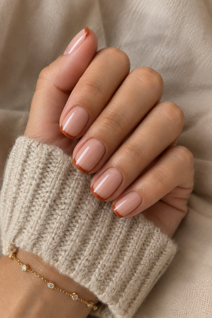 Short squoval nails with warm nude polish and thin burnt orange French tips.