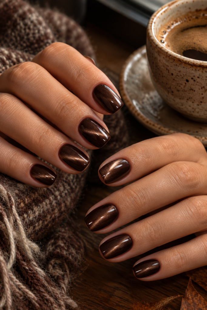 Short squoval nails with rich espresso-brown velvet magnetic polish and a luminous cat-eye effect.